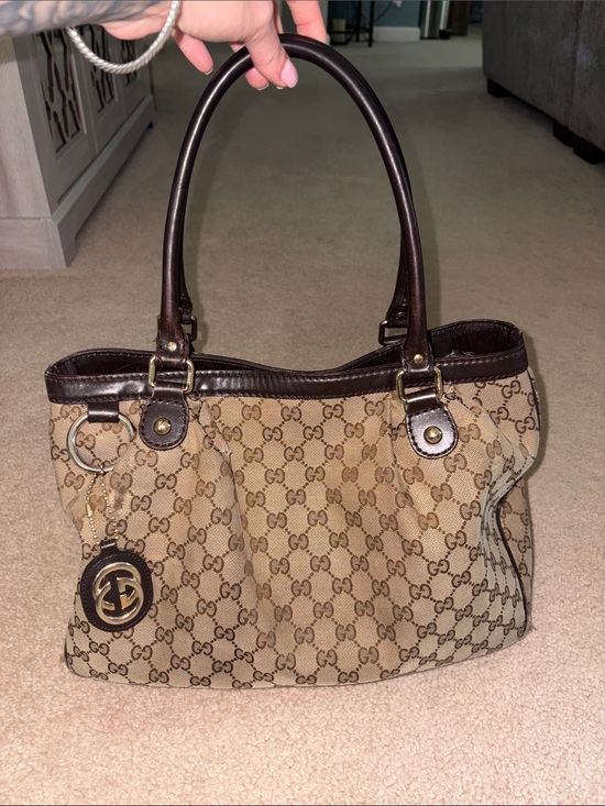 Gucci Handbags - Gucci Beige GG Canvas Shoulder Bag with Brown Trim and Gold Charm